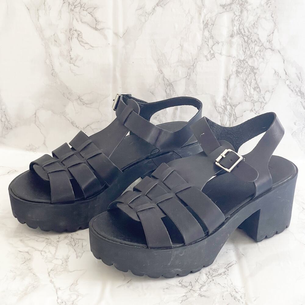 FOREVER 21 NEW Black Chunky Y2K Platform Heel Sandals 6.5